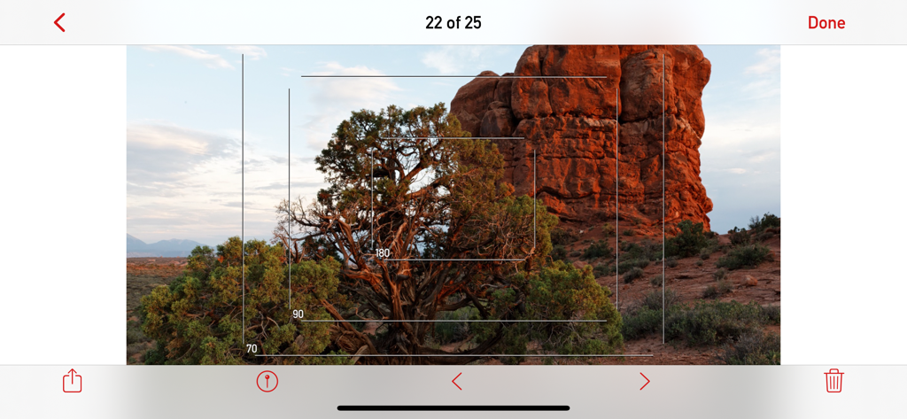 Mark II Artist's Viewfinder - Mark II Artist's Viewfinder app interface showing multiple camera frame lines over a desert landscape