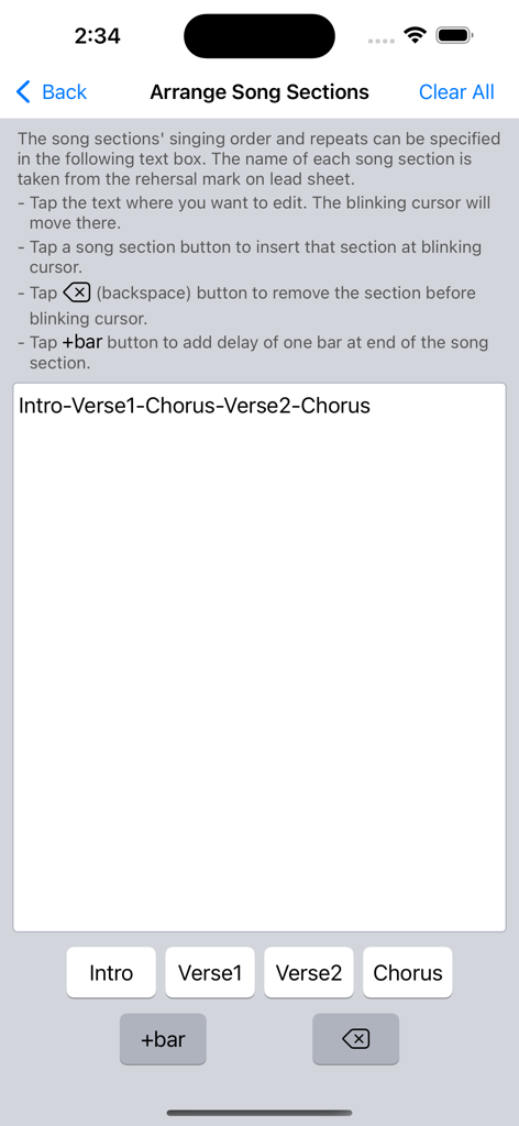 Singscope app screen showing the interface to arrange song sections like intro, verse, and chorus for practice.