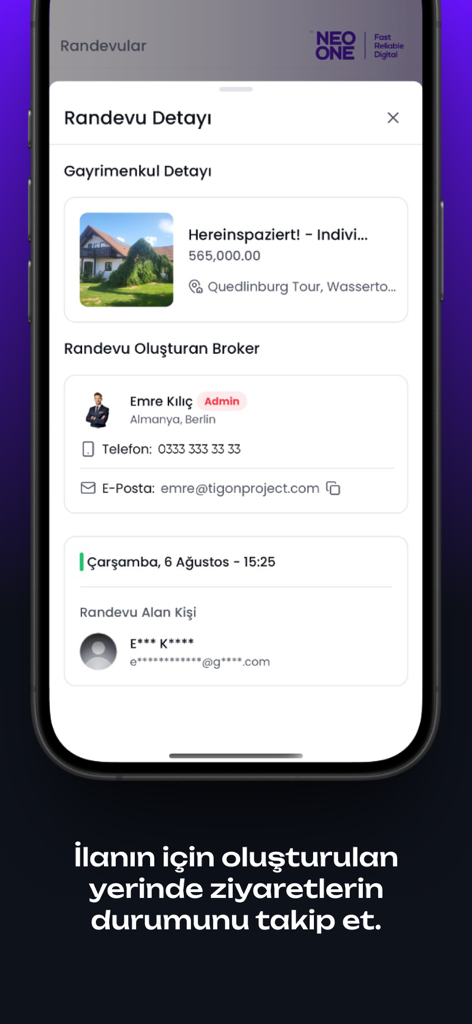 NeoOne - Écran mobile montrant les détails d'un rendez-vous immobilier avec les informations sur la propriété et le courtier