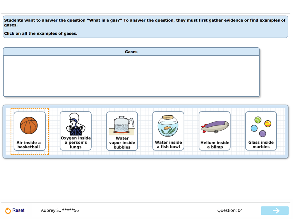 NWEA Secure Testing - Una pregunta de examen de ciencias en la aplicación NWEA Secure Testing que pide a los estudiantes identificar ejemplos de gases