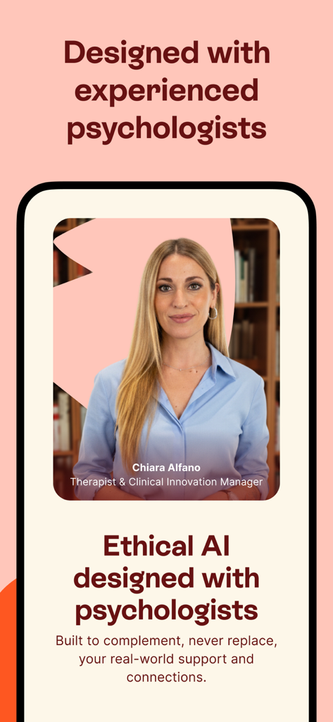 Uma tela do aplicativo Hey Clary com a terapeuta Chiara Alfano e texto sobre IA ética projetada com psicólogos