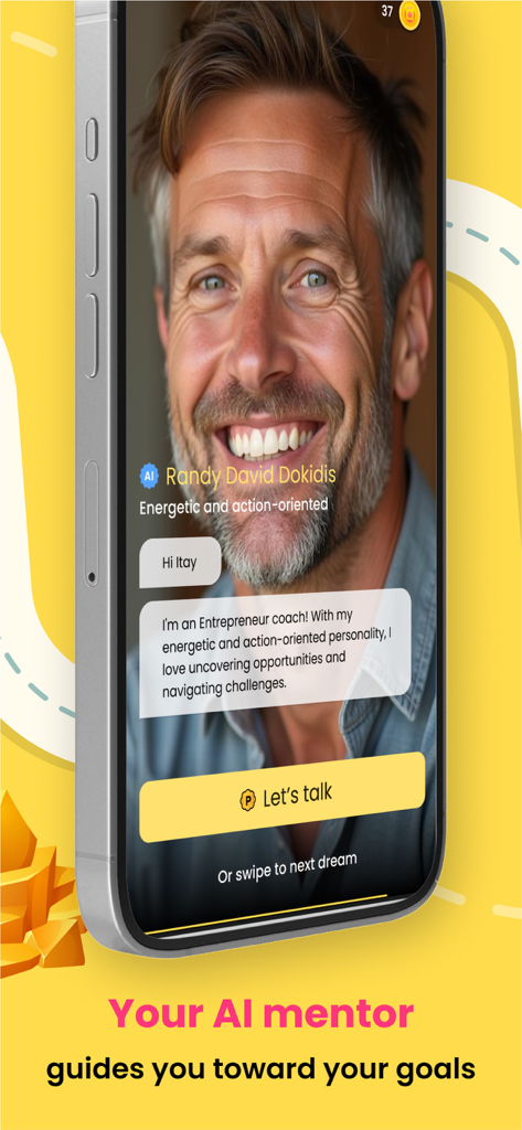 Dreemz - Pantalla de la aplicación Dreemz que muestra un perfil de mentor de IA para coaching empresarial y guía de metas
