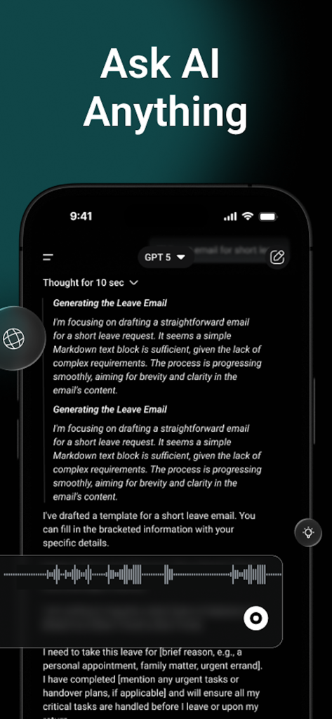 ChatAll : Ask AI Anything 5.4 - Interfaz de la aplicación ChatAll que muestra IA generando un borrador de correo electrónico en un smartphone