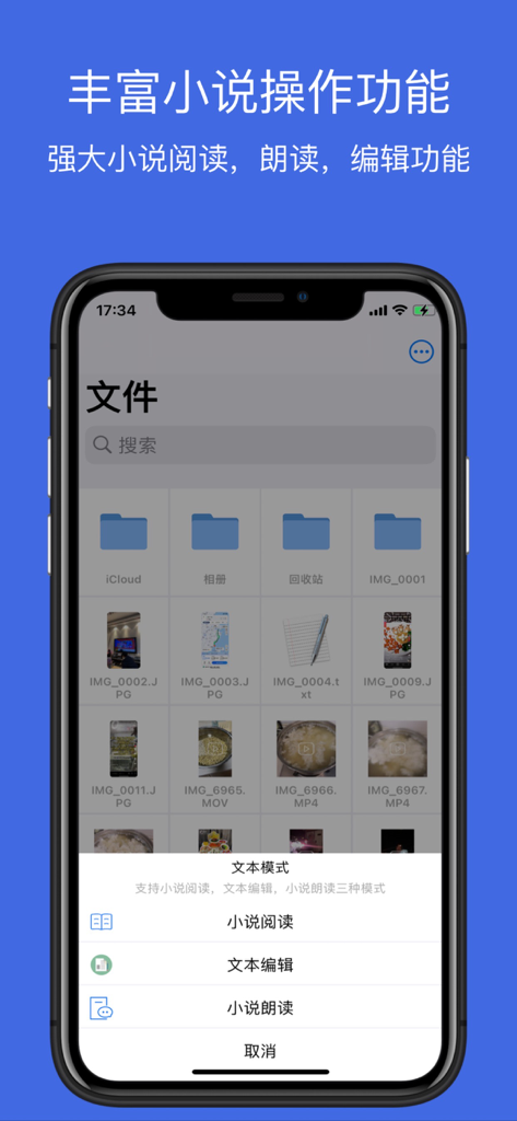 A mobile app interface for file management showcasing novel reading and text editing features