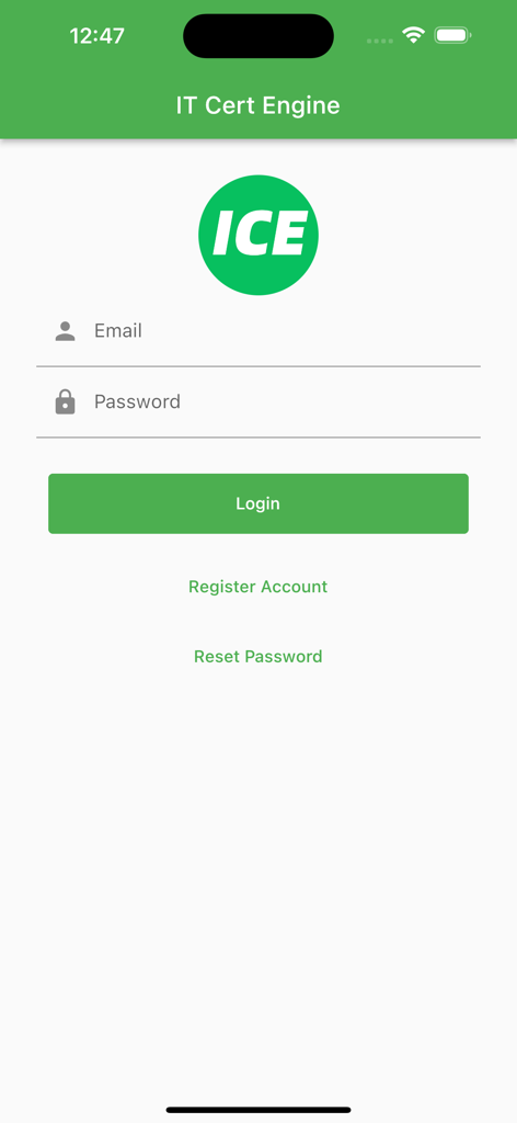 Ice Cert Engines - Ice Cert Engines login screen with email and password fields