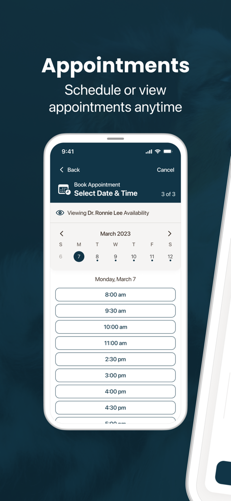 Interface de l'application Happy Healthy Pets montrant le calendrier et l'écran de sélection de l'heure pour réserver un rendez-vous vétérinaire