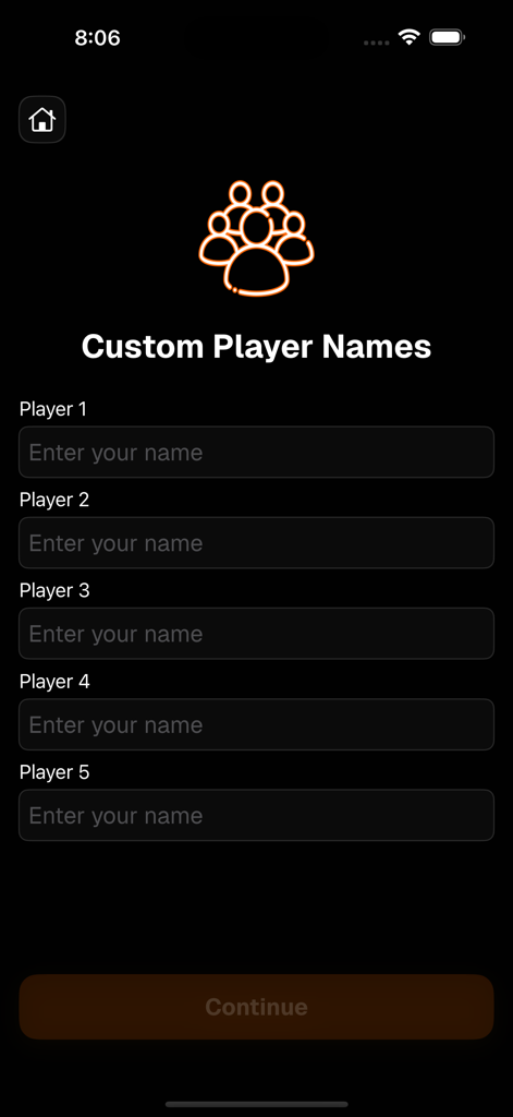 WHO'S THE SPY - منو الجاسوس - A mobile app screen for entering custom player names with fields for five players and a continue button.