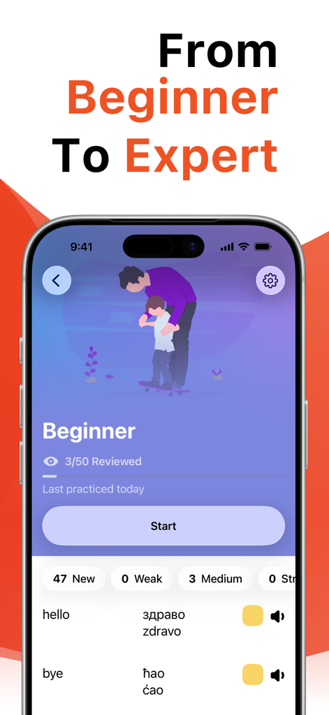 App Impara il serbo con LENGO che mostra vocabolario di livello principiante e monitoraggio dei progressi