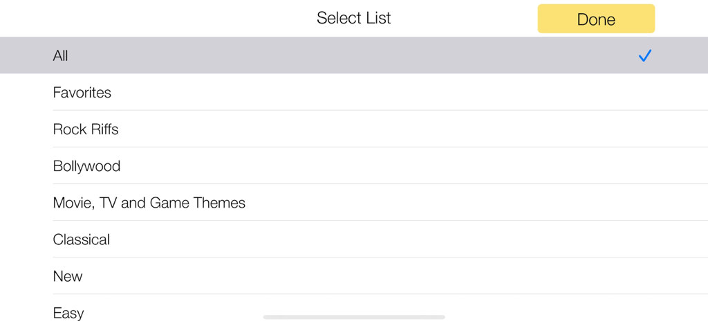 Menu de seleção de categorias de músicas no aplicativo Piano Melody Pro com gêneros como Rock Riffs, Bollywood e temas Clássicos.