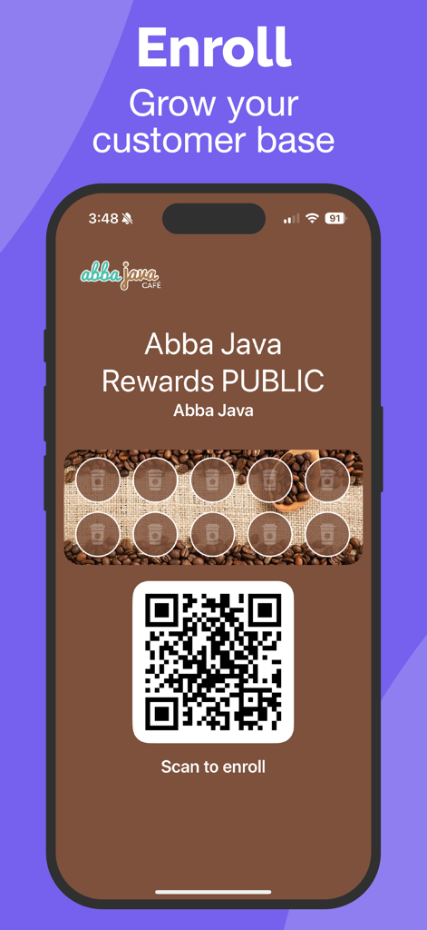 Digital loyalty card for a cafe with a QR code for customer enrollment