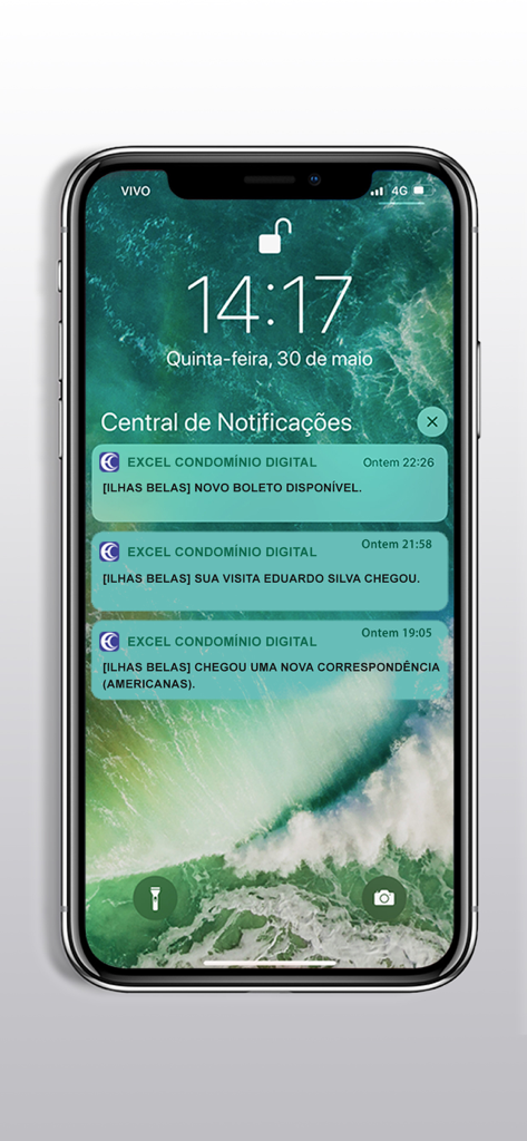 Excel Condomínio Digital - Schermata di blocco dello smartphone che visualizza notifiche push per visitatori, arrivi di pacchi e fatturazione dall'app Excel Condominio Digital.