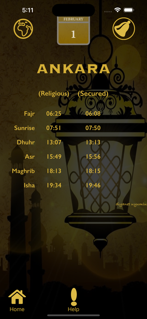 Muslim Prayer Times Pro app dashboard showing daily prayer schedule for Ankara