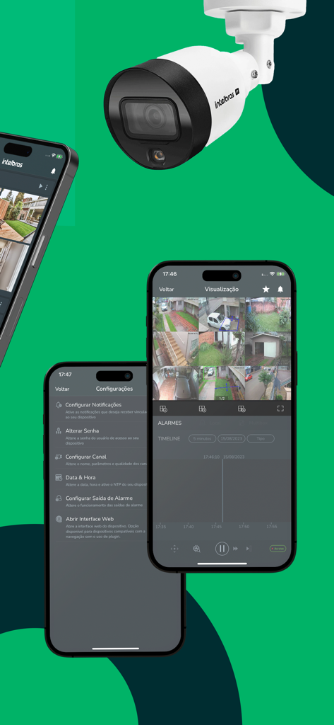 Intelbras ISIC Lite Sicherheits-App, die Live-Kamerabilder und Einstellungen auf Mobiltelefonen neben einer professionellen Sicherheitskamera zeigt