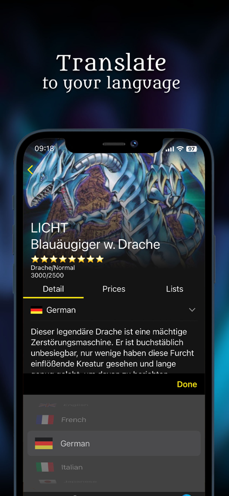 YGO Scanner - Dragon Shield - YGO Scanner app interface showing the translation of a Yu-Gi-Oh card into German.