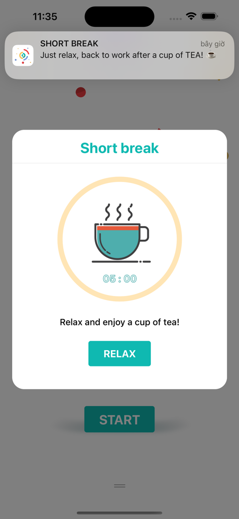 Pomodoro Daily - Pantalla de descanso corto de la aplicación Pomodoro Daily con un temporizador de 5 minutos y un icono de taza de té humeante