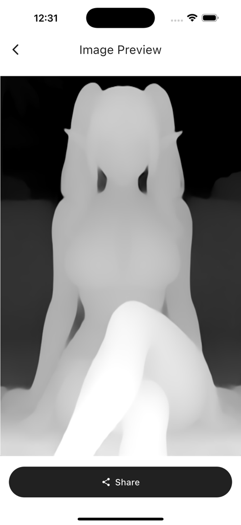 A grayscale 3D depth map preview of a figure in the Live 3D Photo Animator app