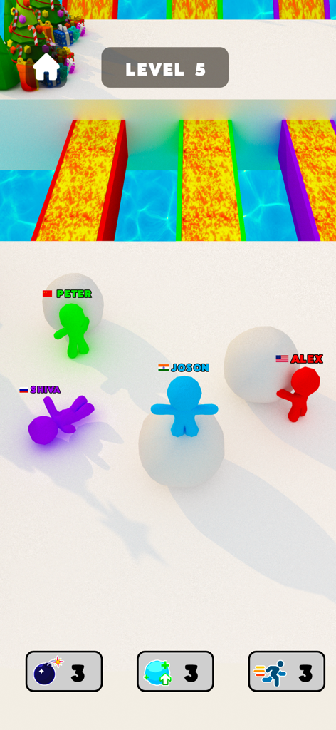 Snow Race 3D™: Fun Xmas Racing - Capture d'écran du gameplay de Snow Race 3D montrant des personnages colorés faisant rouler des boules de neige sur une piste de course hivernale