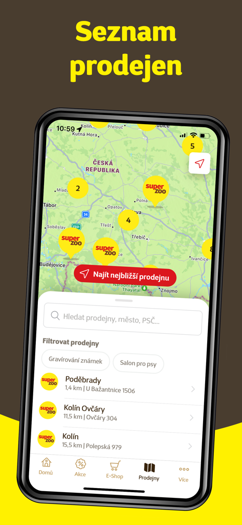 Super zoo - Tela localizadora de lojas do aplicativo Super zoo com um mapa de locais de lojas e uma lista de pet shops próximas