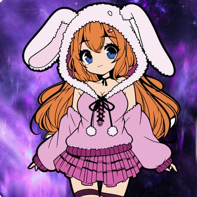 pretty anime girl wearing a fluffy hoodie with bunny ears on the hood and a skirt