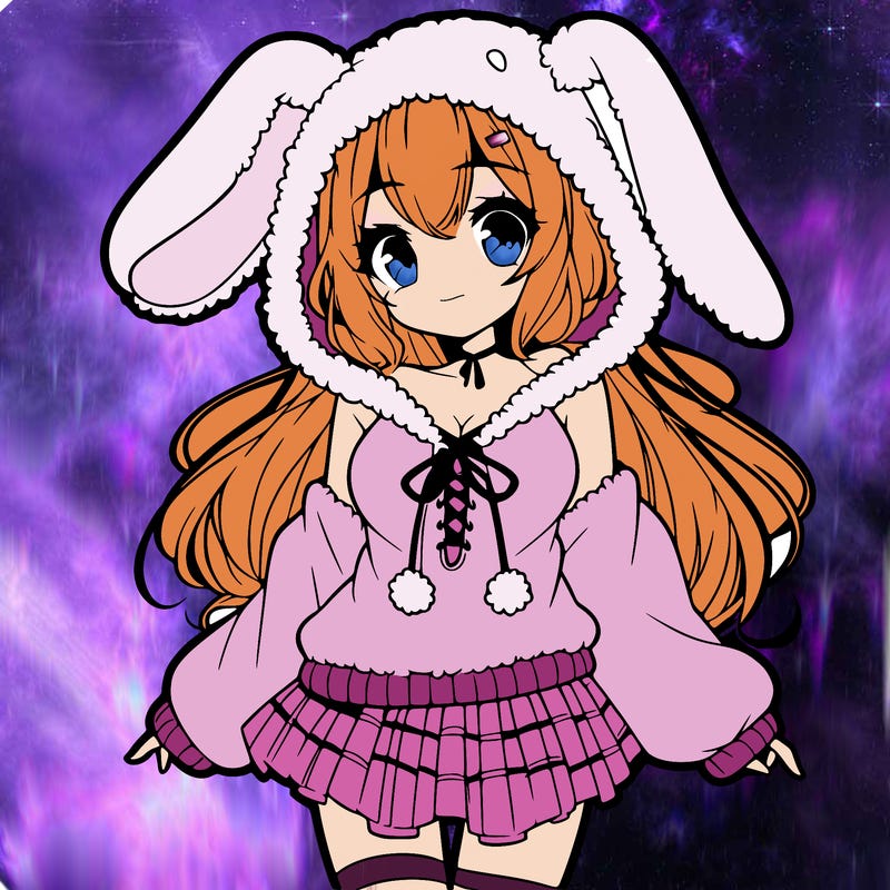 pretty anime girl wearing a fluffy hoodie with bunny ears on the hood and a skirt