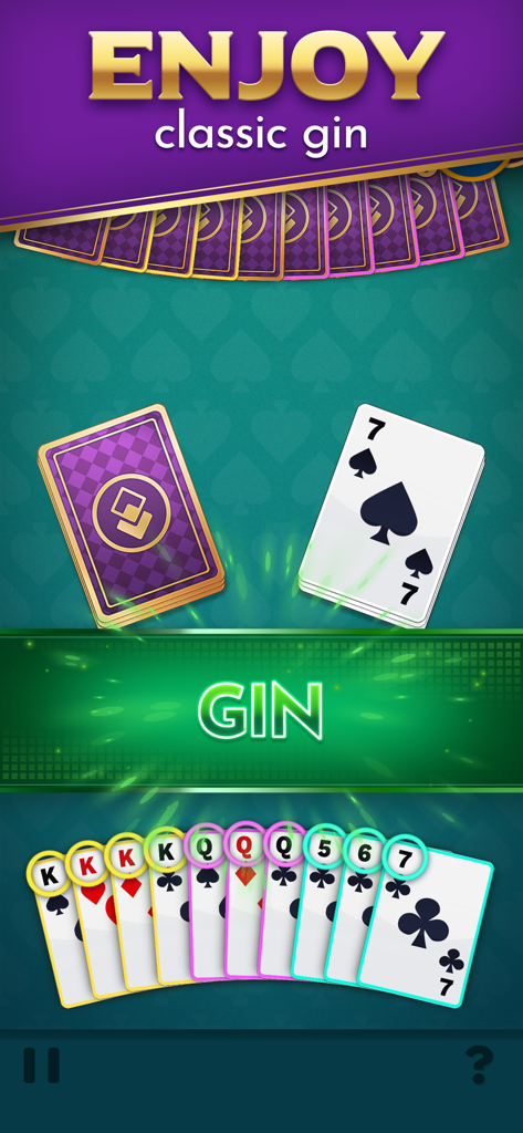 Pantalla de juego de Rummy Royale mostrando una mano de cartas y un anuncio de GIN