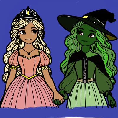 a princess and a witch holding hands realistic