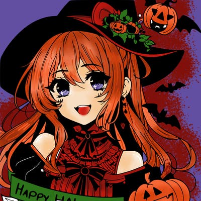 gothic elegant anime girl with happy halloween above