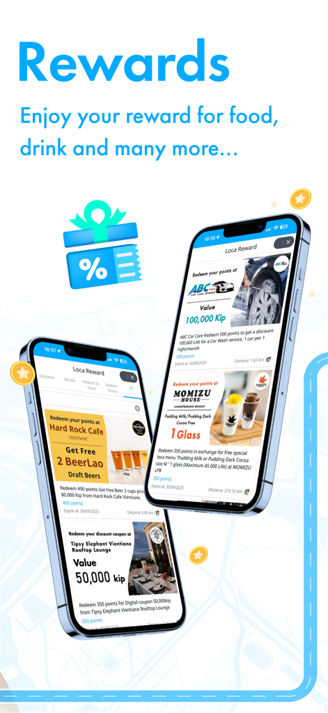 LOCA Laos E-Mobility & Payment - LOCAアプリの特典インターフェイスに、ラオスでの旅行者向けにさまざまな割引オファーが表示されています