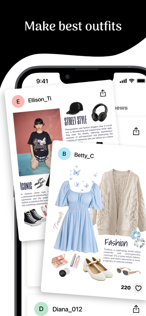 My Wardrobe - Outfit Closet - Colagens de moda geradas pelo usuário exibindo diferentes estilos de looks e combinações de roupas dentro do aplicativo