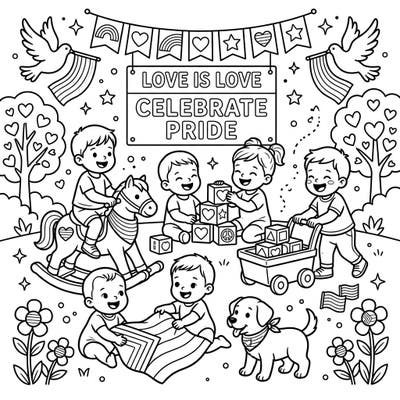 This delightful coloring page captures the essence of childhood joy blended with the vibrant spirit of Pride. Watch happy babies play amidst symbols of love and diversity, ready for your creative touch.