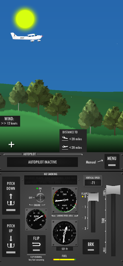 2D airplane gameplay showing a white propeller plane flying over green hills with a detailed cockpit control panel including airspeed and altitude gauges