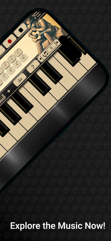 Harmonica Sim - Harmonica Sim mobile app interface showing piano style keys and a recording feature with a vintage musician illustration.