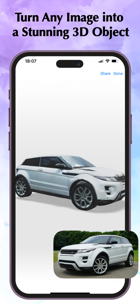 Pic3D Maker - Image to 3D - Pic3D Maker app interface showing a 2D car photo being converted into a 3D model