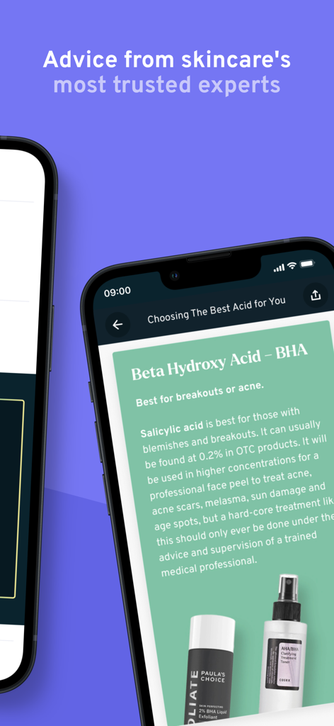 Skin Rocks - A screenshot of the Skin Rocks app showing expert advice on using Beta Hydroxy Acid for acne and breakouts.