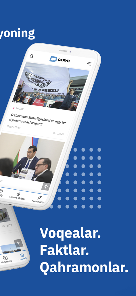 Mobile screen displaying the Daryo news app feed with headlines in Uzbek language