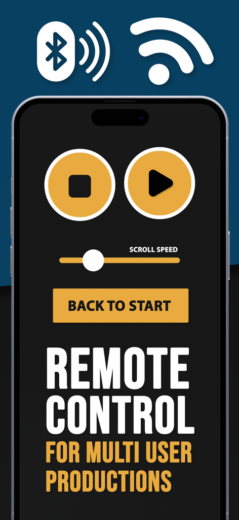 Écran de contrôle à distance de l'application Teleprompter avec curseur de vitesse de défilement et boutons de lecture pour les productions multi-utilisateurs