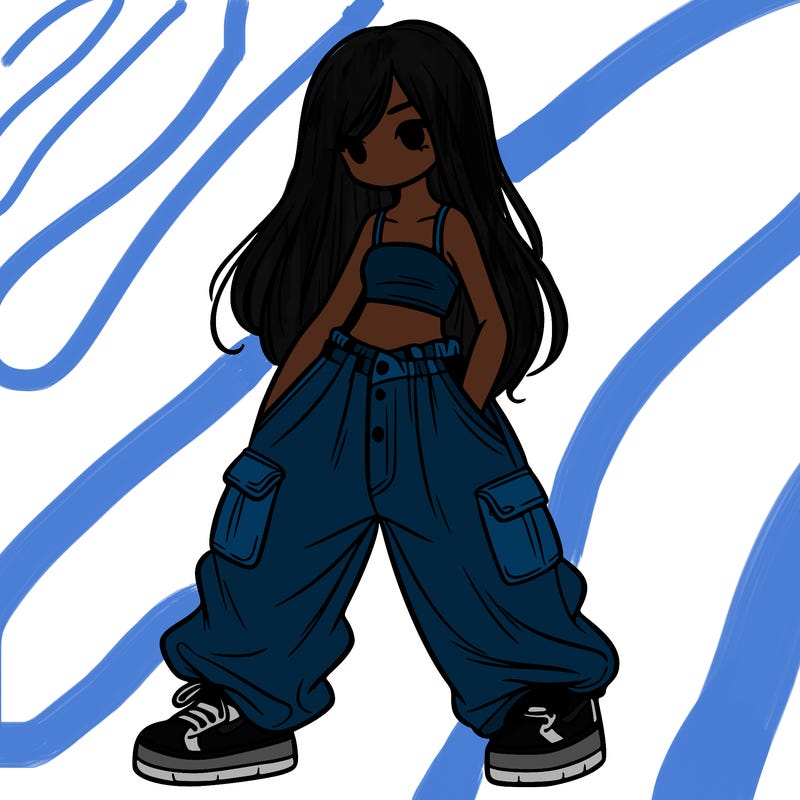 girl in baggy pants, crop top, and long hair