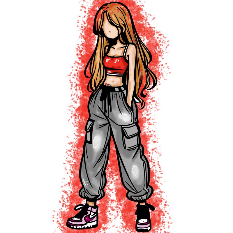 girl in baggy pants crop top and long hair