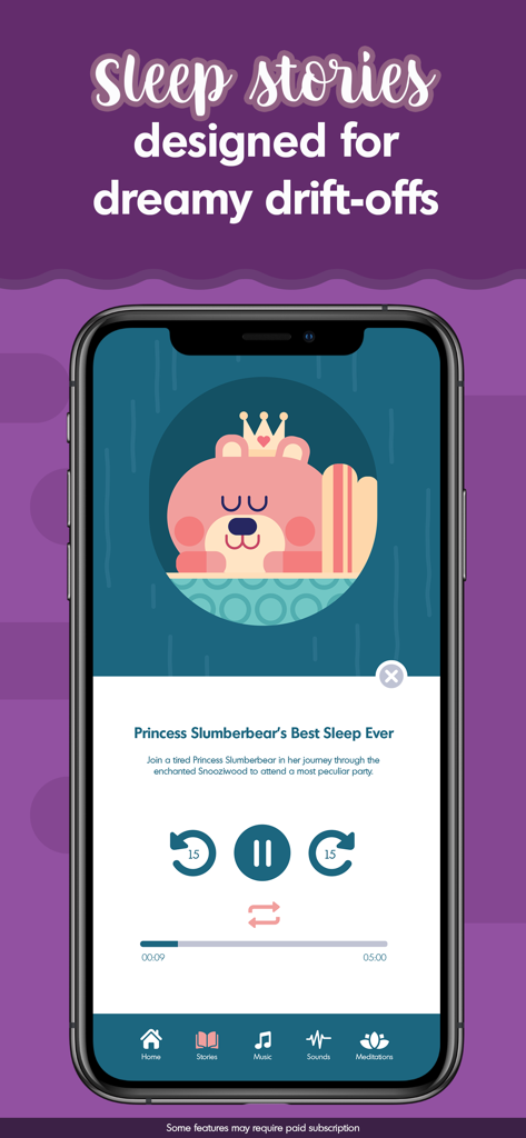 Un teléfono inteligente que muestra la historia para dormir "Princess Slumberbear" de la aplicación Cuentos y Sonidos para Dormir de Budge