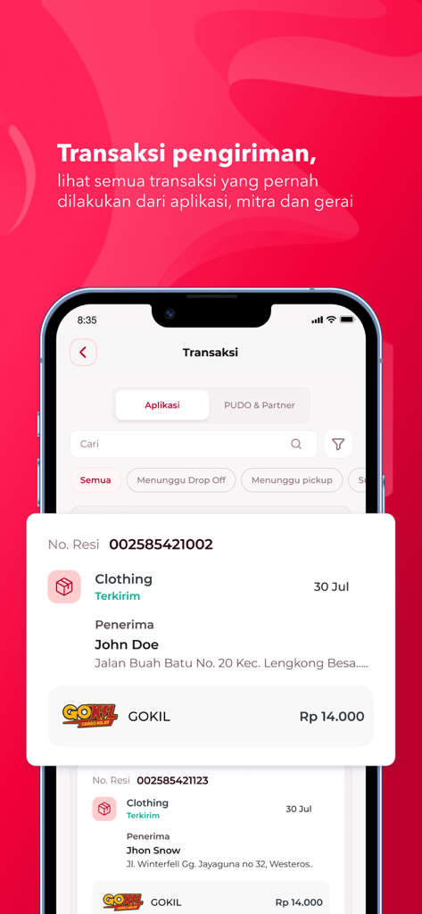 SiCepat Ekspres - SiCepat Ekspres app transaction history screen showing shipping details for a delivered package