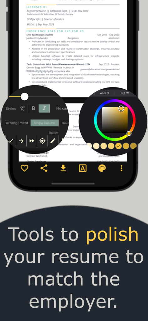 AI Resume Writer Genius: Resji - Pantalla de la aplicación móvil que muestra herramientas de personalización y estilo de currículum.