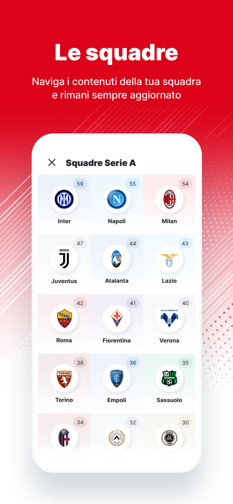 Pantalla de selección de equipos de fútbol italianos de la Serie A con logotipos de clubes y clasificaciones en la app Corriere dello Sport.