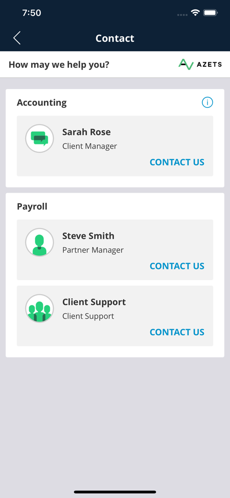Azets Cozone contact screen listing accounting and payroll support staff