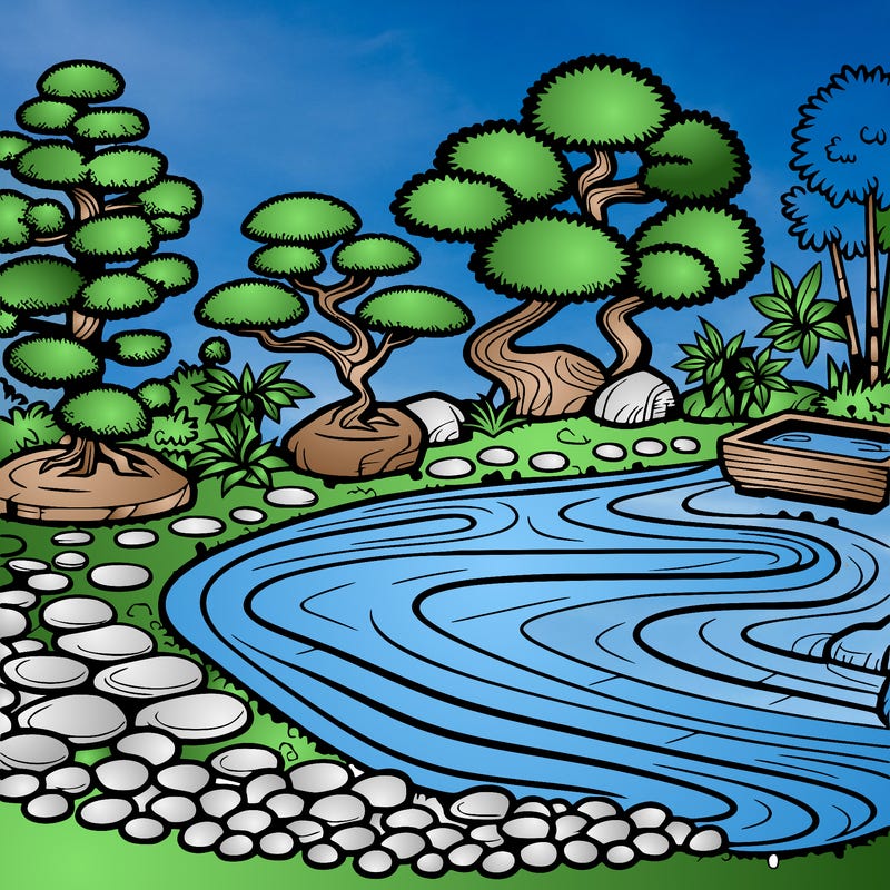 a serene zen garden with raked gravel, bonsai trees, and tranquil ponds