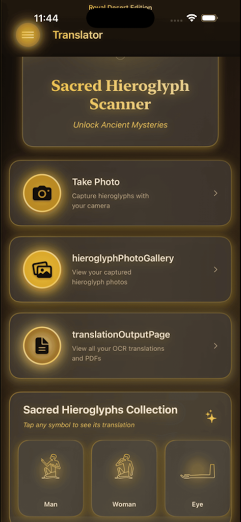 Egyptian-Hieroglyph-AI-Scanner - Main menu of the Egyptian Hieroglyph AI Scanner app featuring photo capture and symbol translation options.