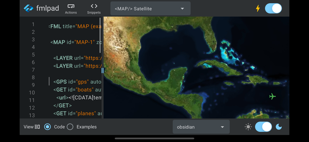 Framework Markup Language - La interfaz de FMLpad mostrando un editor de código para Framework Markup Language junto a una vista previa en vivo de un mapa satelital.