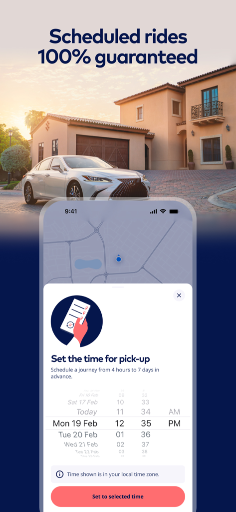 Interface da aplicação Zed para agendar um táxi com antecedência com um horário de recolha garantido.