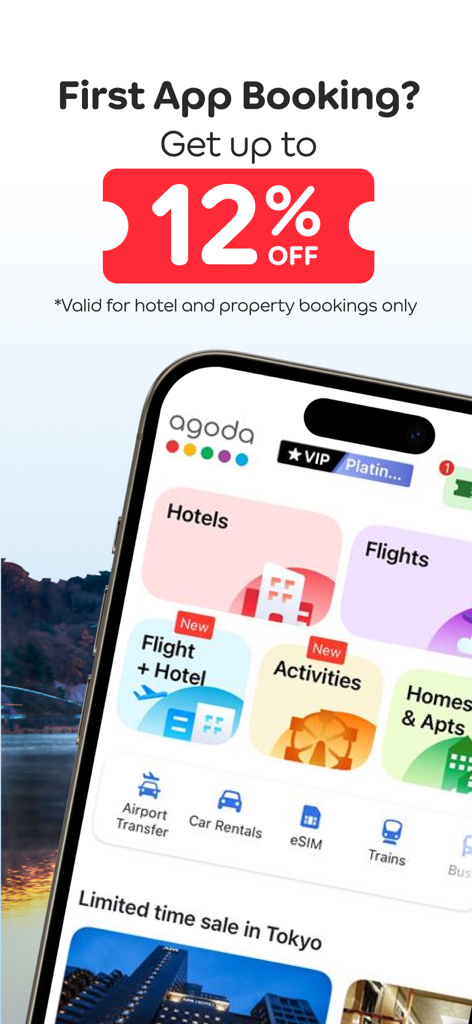 Agoda app interface showing a 12 percent discount for first app bookings and travel services like hotels and flights