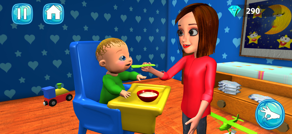 Mother Simulator Babysitter - Personaje de madre virtual alimentando a un bebé en una trona dentro de una colorida habitación azul.