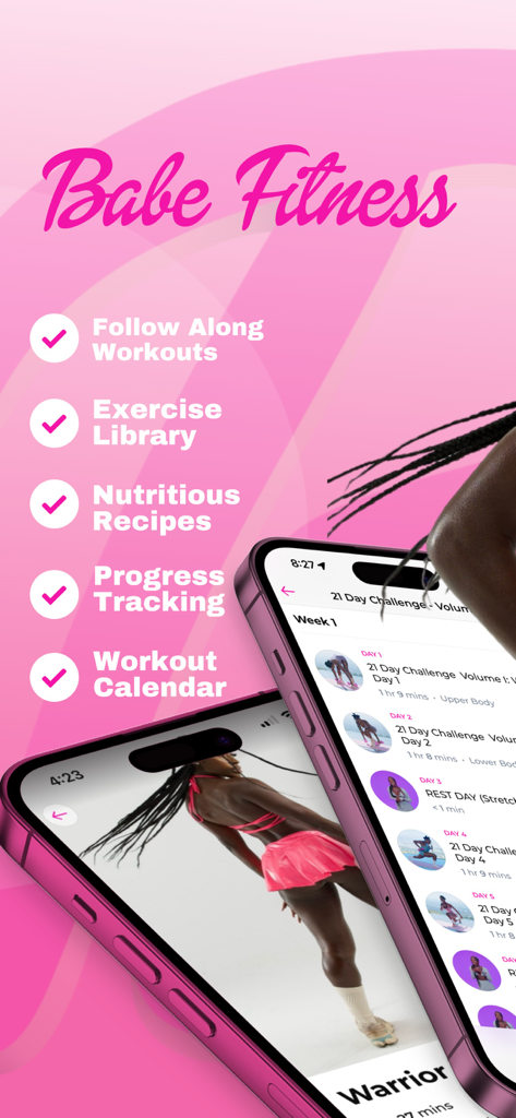 Babe Fitness by Brittne - Mobile app interface for Babe Fitness by Brittne showing workout calendar and feature list